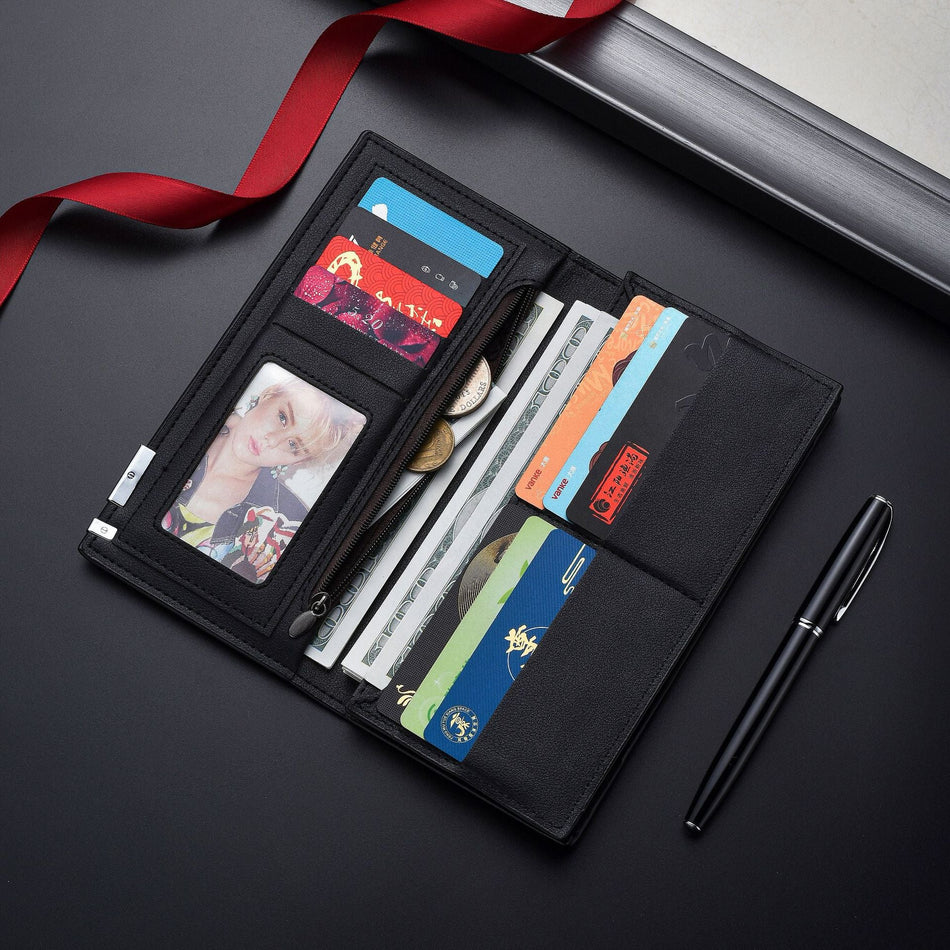 Men's Oil Wax Leather Long Wallet Business Card Holder Wallet