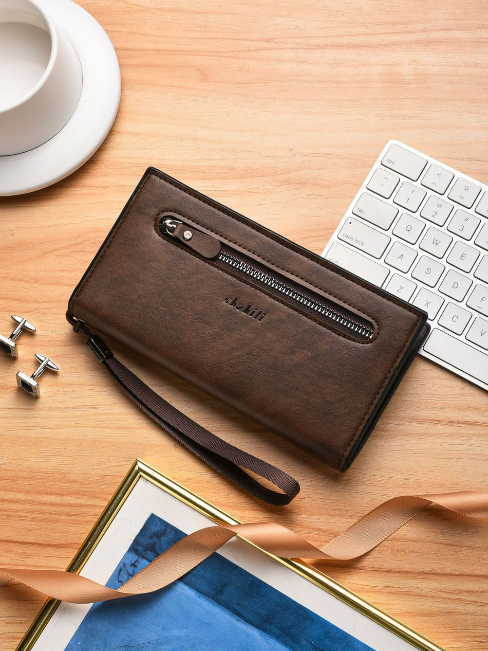 Retro Men's Long Clutch Wallet with Zip Phone Pocket & Card Slots