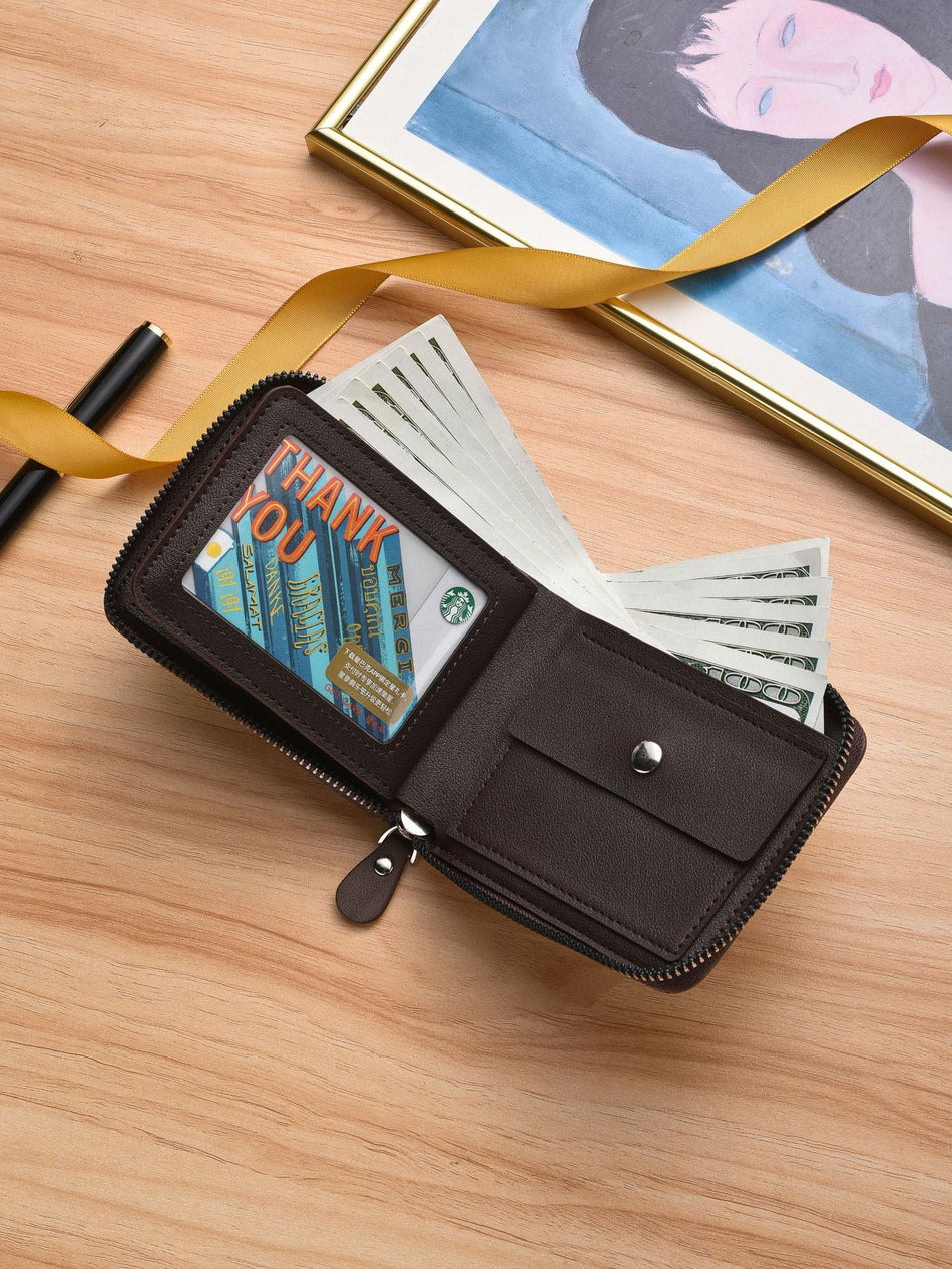 Men's Retro PU Zip Wallet Large Capacity Business Card Holder