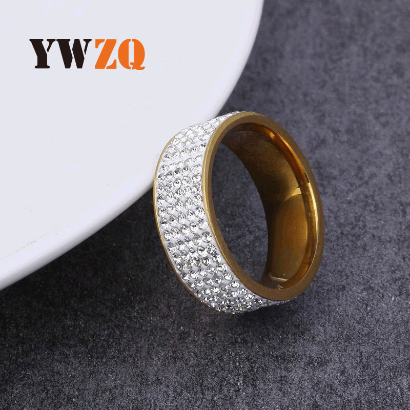 Stainless Steel Five-Row Crystal Couple Ring, Titanium Style