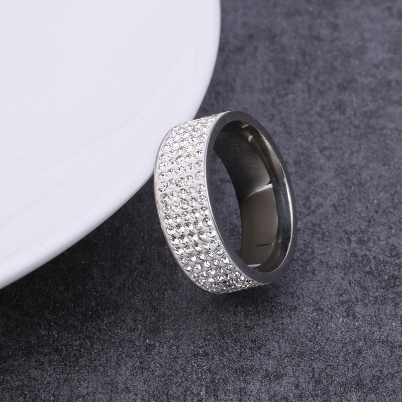 Stainless Steel Five-Row Crystal Couple Ring, Titanium Style
