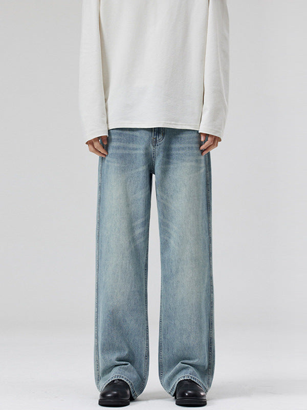 Lktm Men's Light Blue Washed Straight Leg Jeans Casual Pants