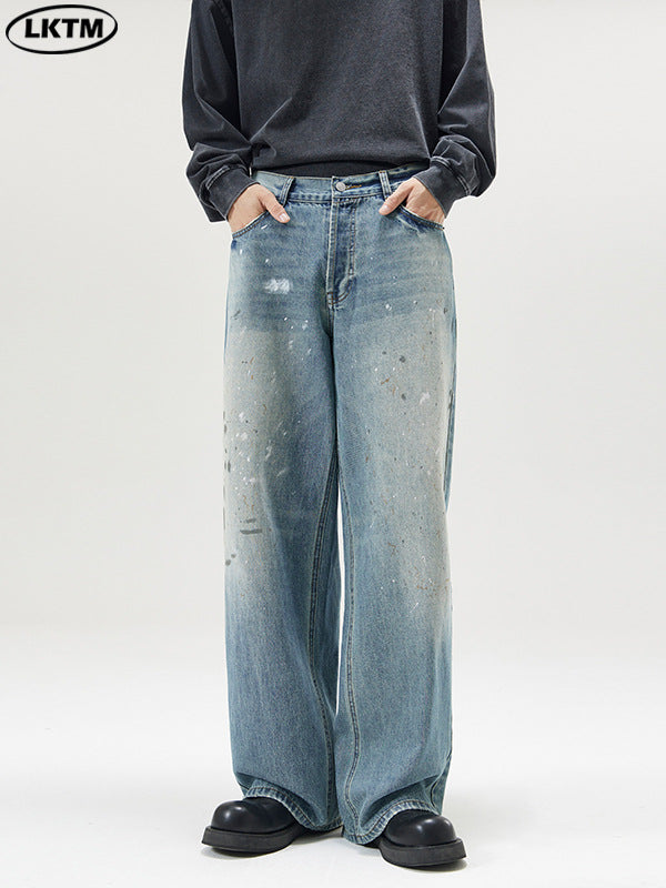 LKTM Men's Ink Wash Jeans Loose Straight Wide Leg Pants