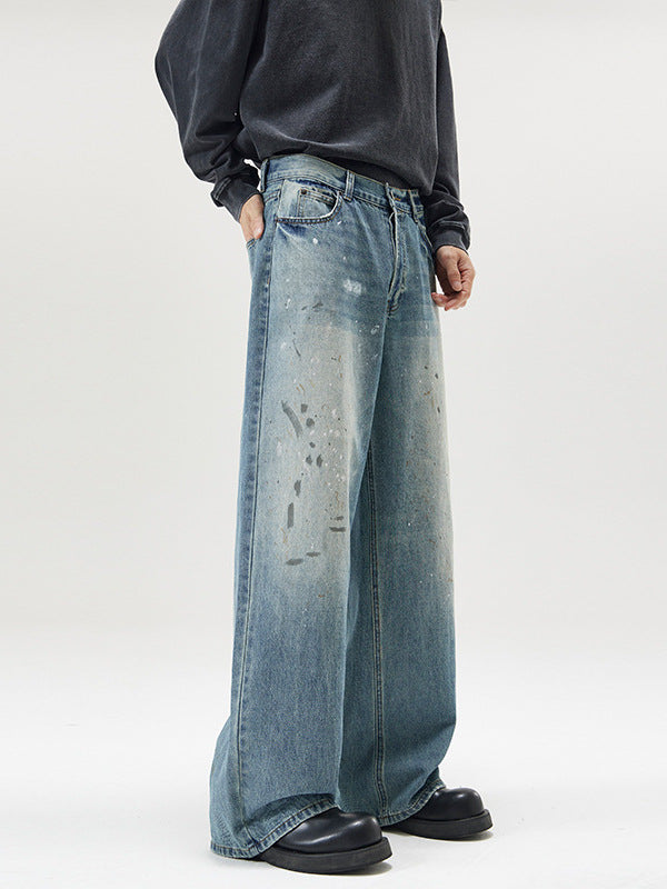 LKTM Men's Ink Wash Jeans Loose Straight Wide Leg Pants