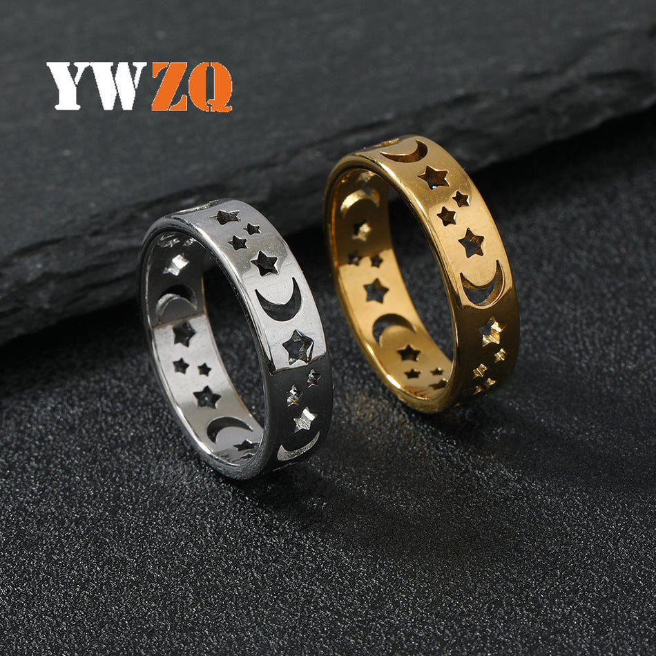 Titanium Steel Star & Moon Hollow Ring, Vintage Statement Band