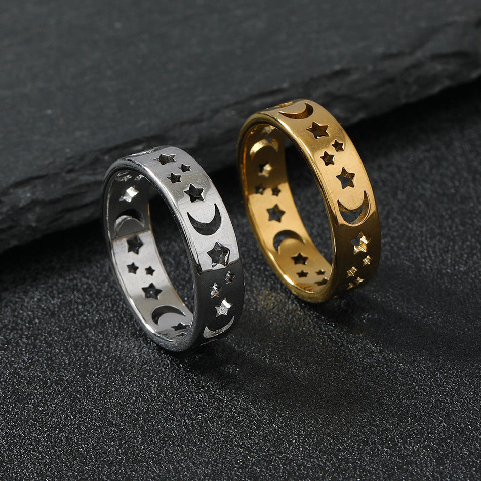 Titanium Steel Star & Moon Hollow Ring, Vintage Statement Band