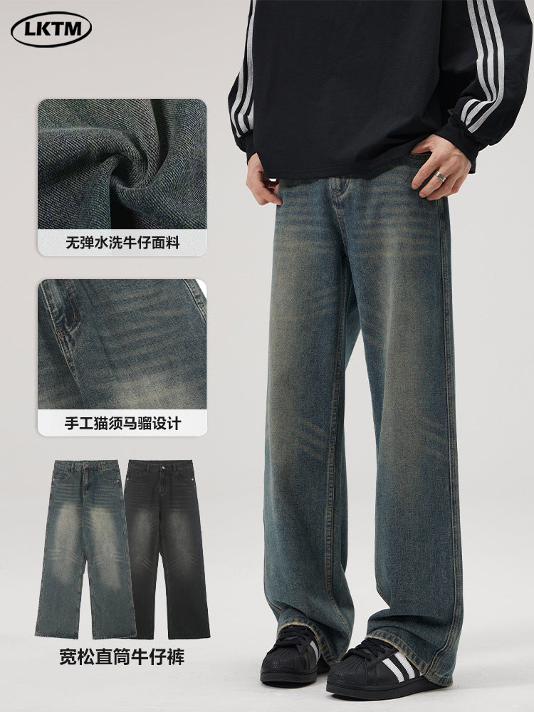 Lktm Men's Retro Washed Jeans Loose Straight Long Pants