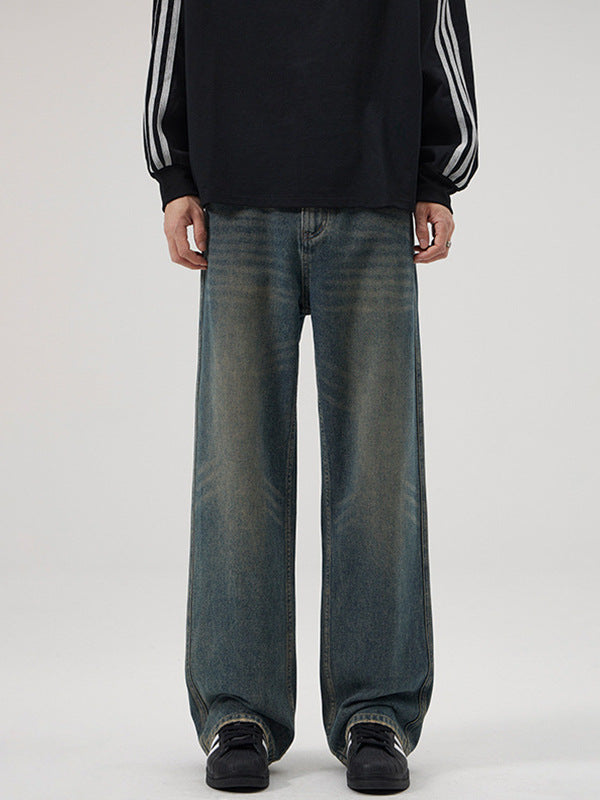 Lktm Men's Retro Washed Jeans Loose Straight Long Pants