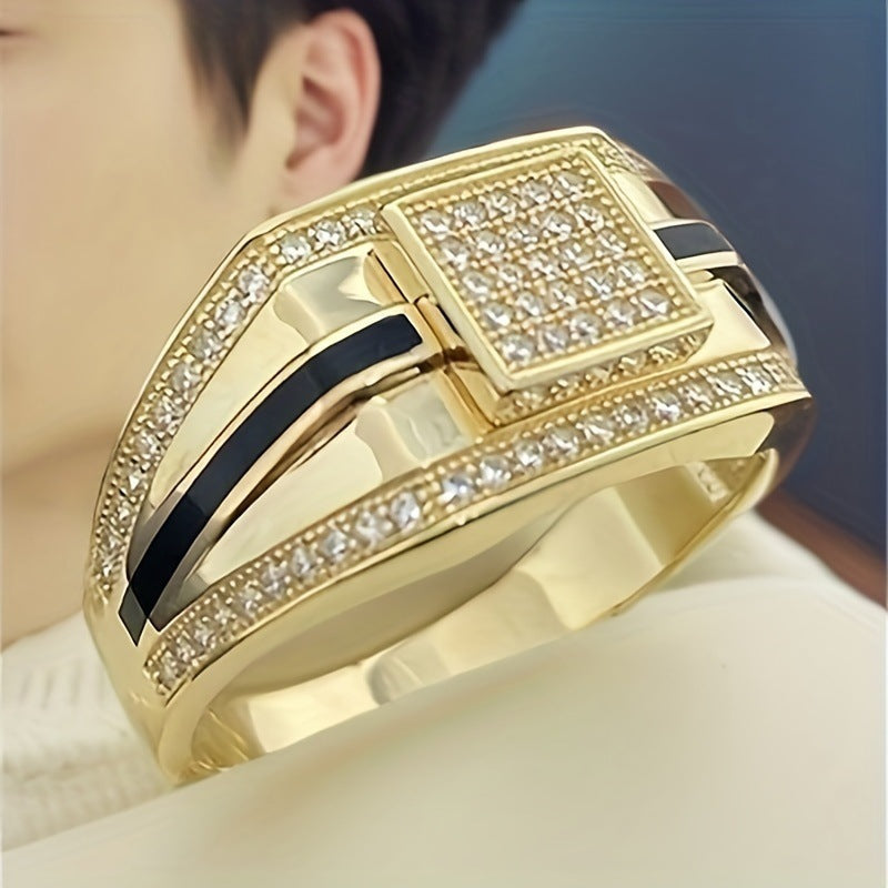 Gold-Tone Men's Wedding Band with Black Enamel & Crystal Accents