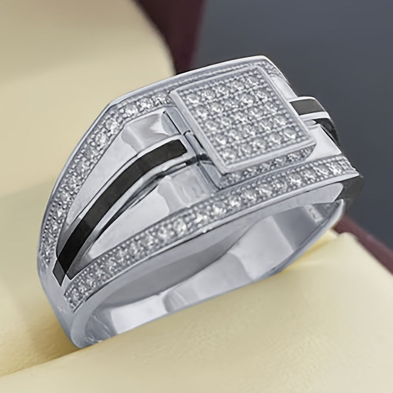 Gold-Tone Men's Wedding Band with Black Enamel & Crystal Accents