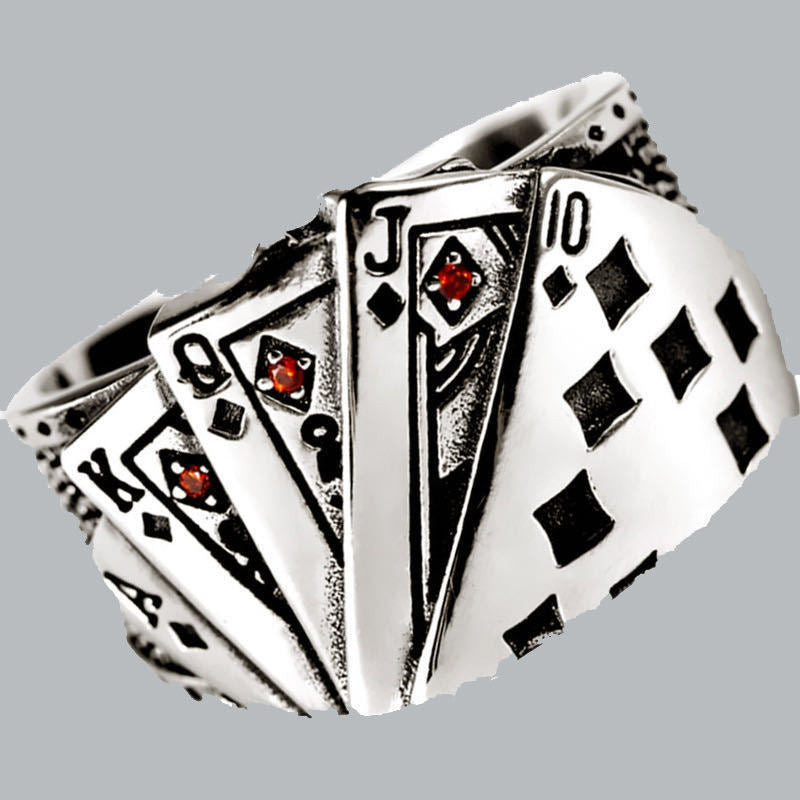 Vintage Poker Card Adjustable Ring with Crystal Accents