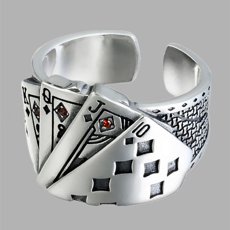 Vintage Poker Card Adjustable Ring with Crystal Accents
