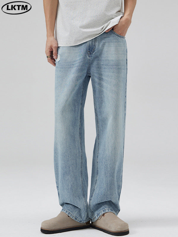 LKTM Men's Retro Washed Ice Blue Ripped Loose Jeans Pants