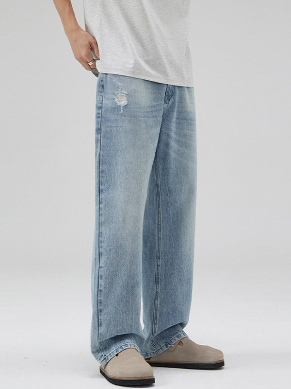 LKTM Men's Retro Washed Ice Blue Ripped Loose Jeans Pants