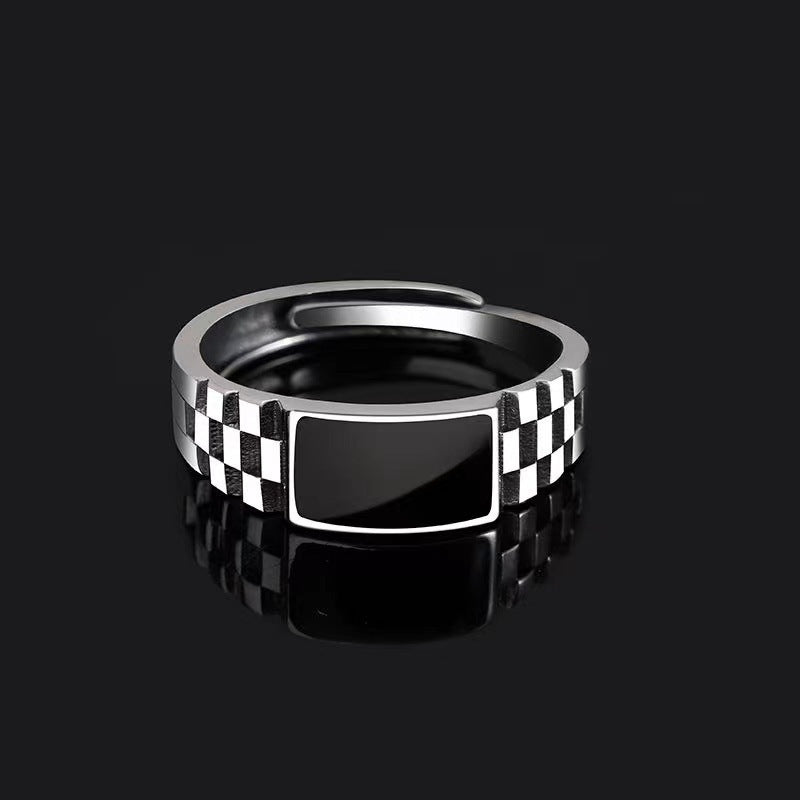 Silver-Plated Adjustable Men's Ring with Enamel Detail