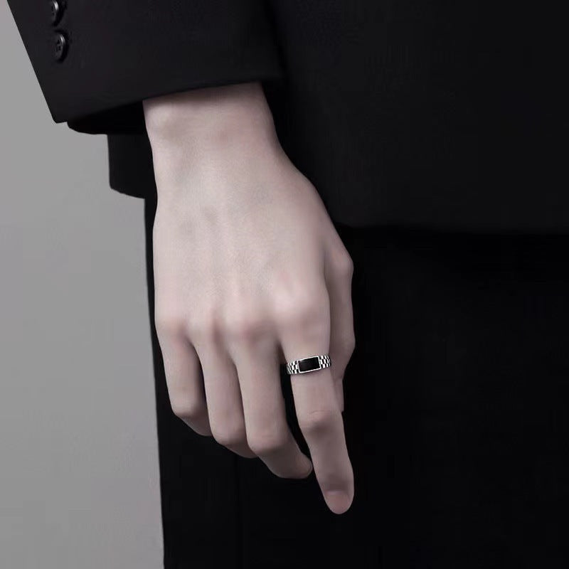 Silver-Plated Adjustable Men's Ring with Enamel Detail