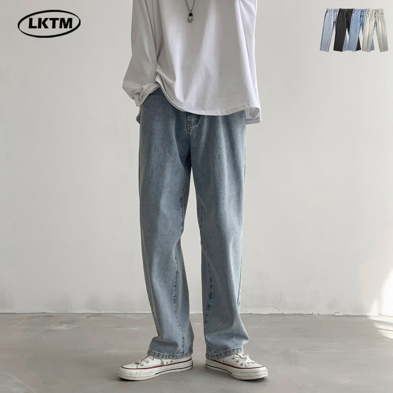 LKTM Men's Light Blue Washed Wide Leg Straight Jeans Pants