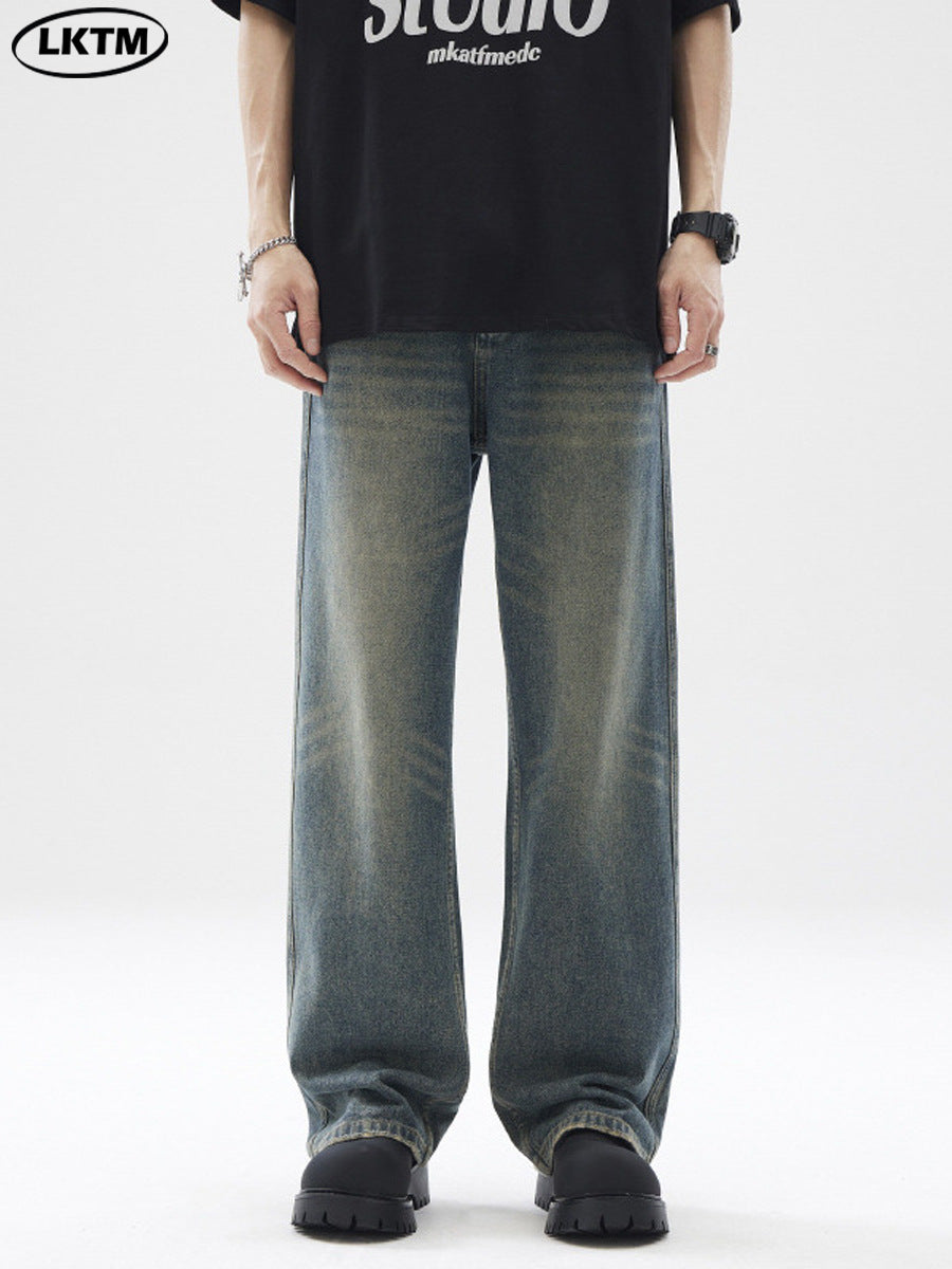 LKTM Men's Cleanfit Washed Retro Loose Jeans Casual Pants