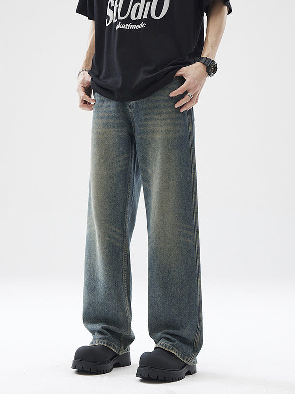 LKTM Men's Cleanfit Washed Retro Loose Jeans Casual Pants
