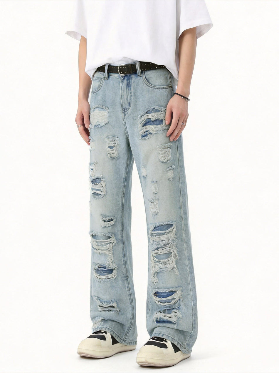 Lktm Men's Ripped Wide Leg Straight Distressed Jeans Pants
