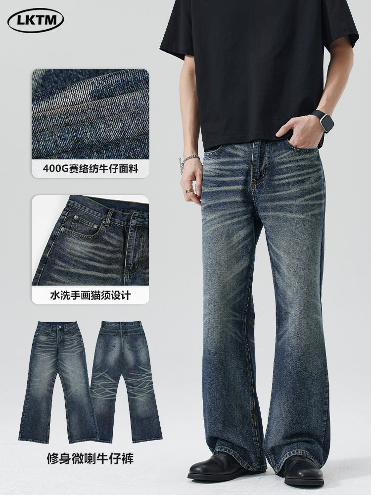 Lktm Men's Washed Hand-Painted Flare Jeans Slim Cleanfit Pants