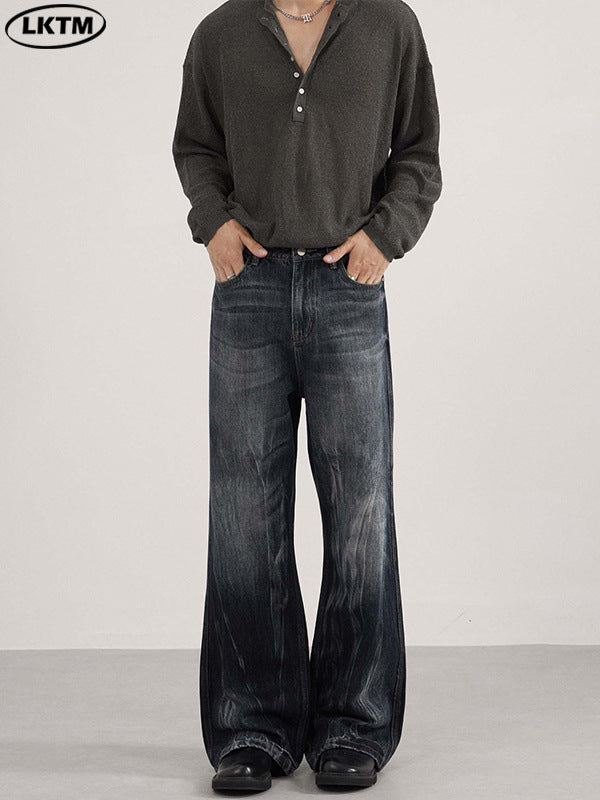 Lktm Men's Washed Tie-Dye Slub Flare Jeans Pants