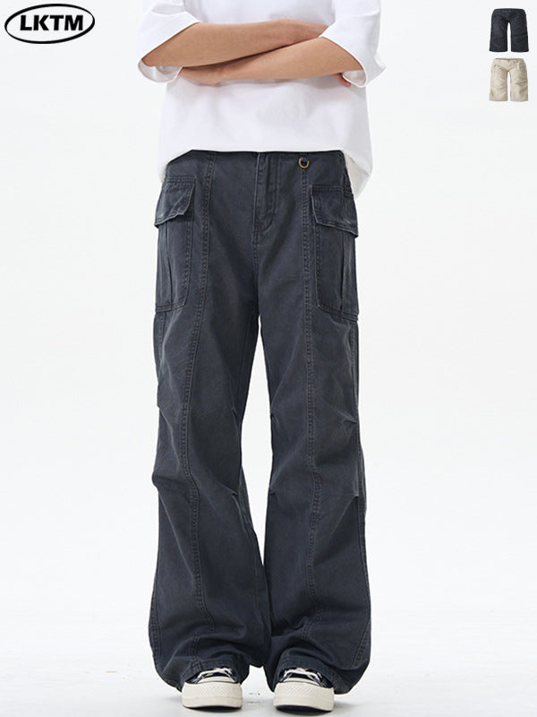 LKTM Retro Grey Pleated Wide Leg Cargo Pants Unisex