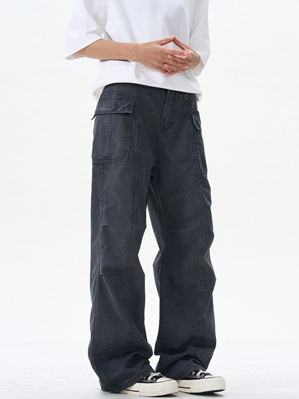 LKTM Retro Grey Pleated Wide Leg Cargo Pants Unisex