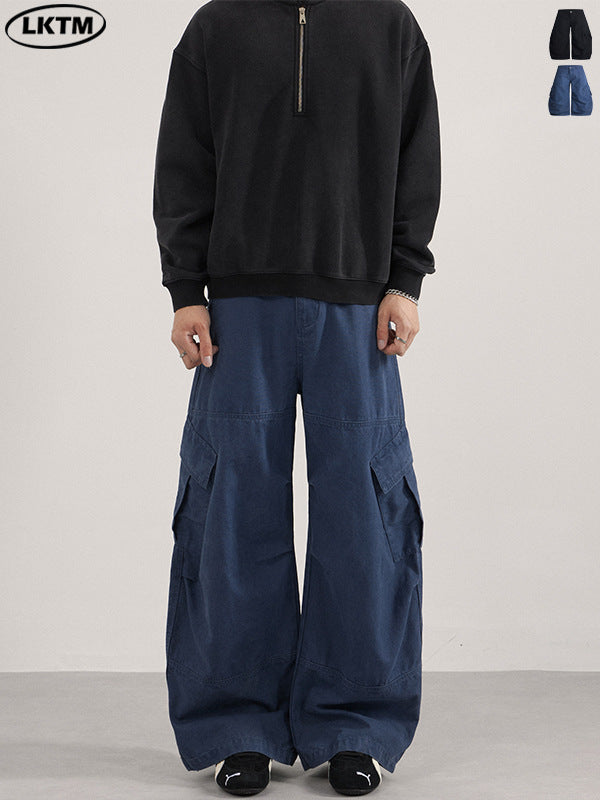 Lktm Men's Retro Washed Blue Cargo Pants Multi-Pocket Trousers