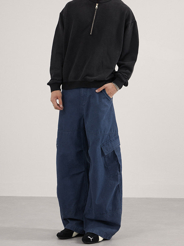 Lktm Men's Retro Washed Blue Cargo Pants Multi-Pocket Trousers