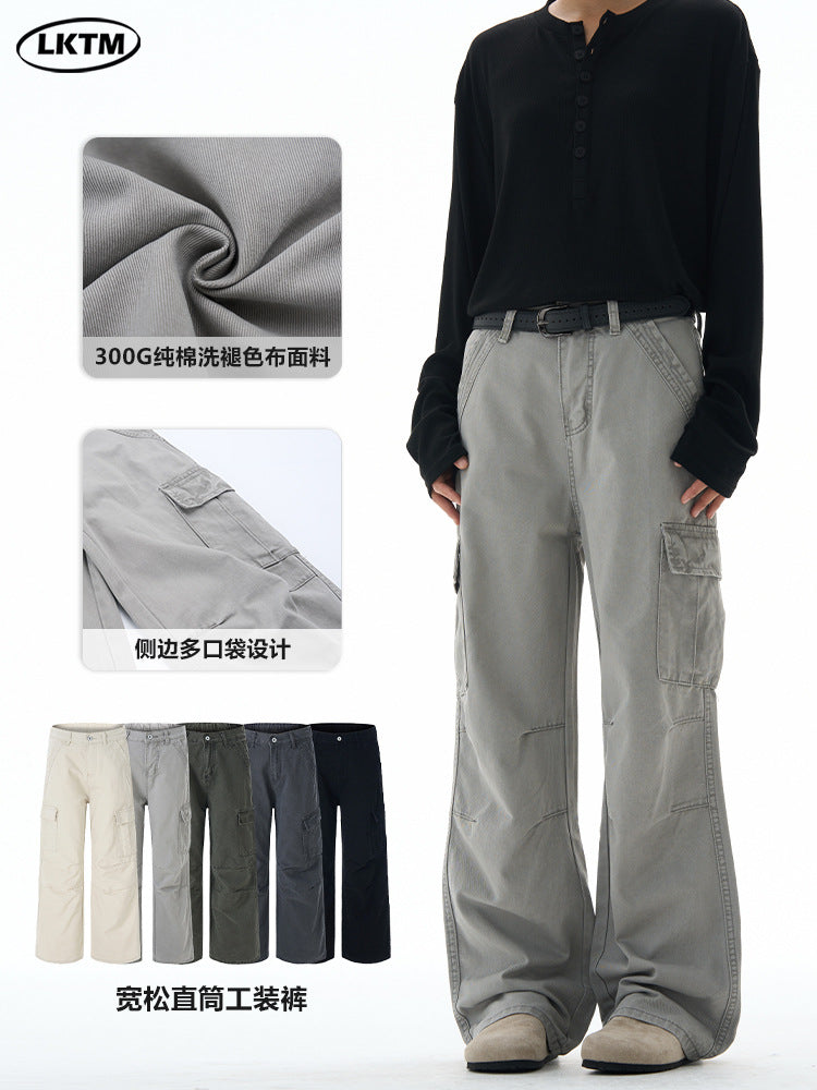 Lktm Men's Retro Washed Cargo Pants Multi-Pocket Straight