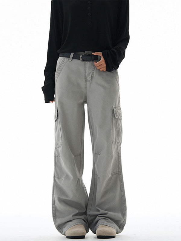 Lktm Men's Retro Washed Cargo Pants Multi-Pocket Straight