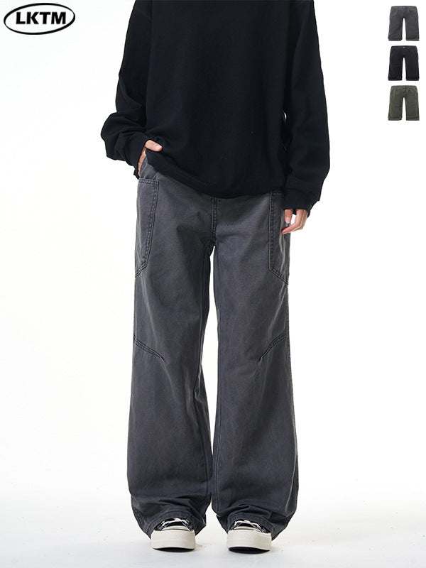 LKTM Grey Overalls Loose Straight Multi-Pocket Pants
