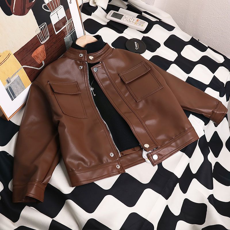Kids Korean-Style Brown PU Leather Jacket