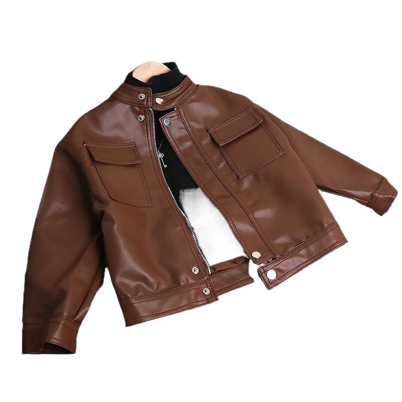 Kids Korean-Style Brown PU Leather Jacket