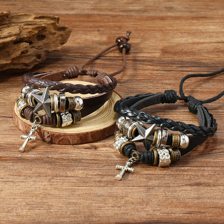Handwoven Leather Multi-Layer Beaded Bracelet with Fish & Star