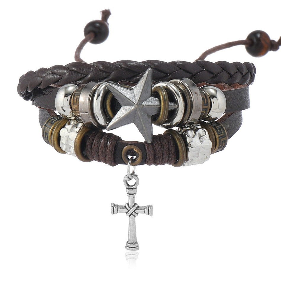 Handwoven Leather Multi-Layer Beaded Bracelet with Fish & Star