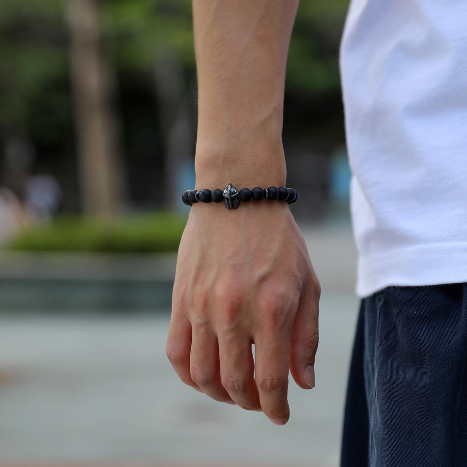 Black Agate Beaded Woven Bracelet with Helmet Accent