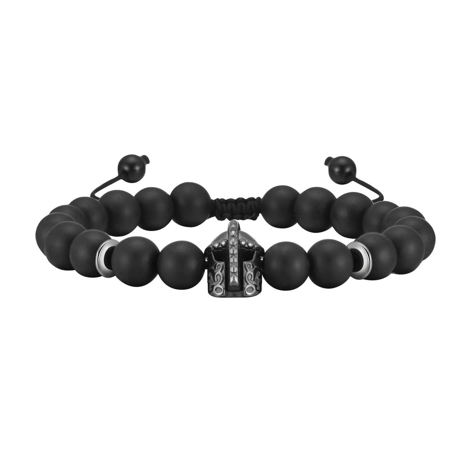 Black Agate Beaded Woven Bracelet with Helmet Accent