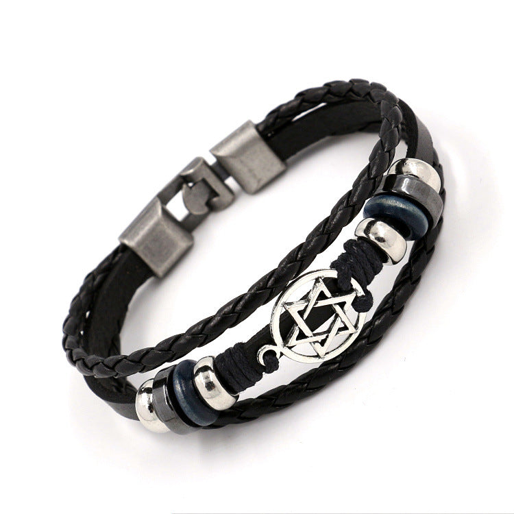 Vintage Six-Pointed Star Woven Leather Bracelet