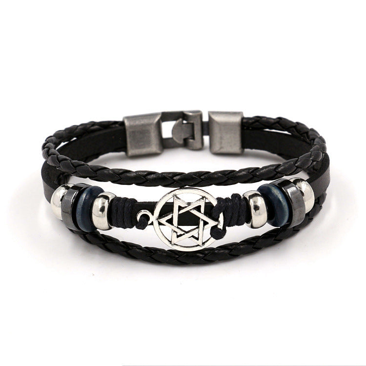 Vintage Six-Pointed Star Woven Leather Bracelet