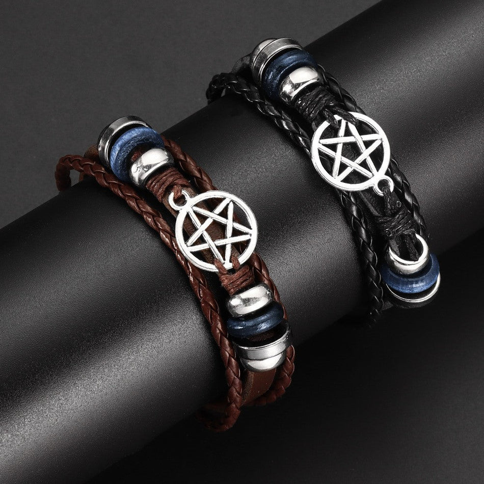 Vintage Six-Pointed Star Woven Leather Charm Bracelet