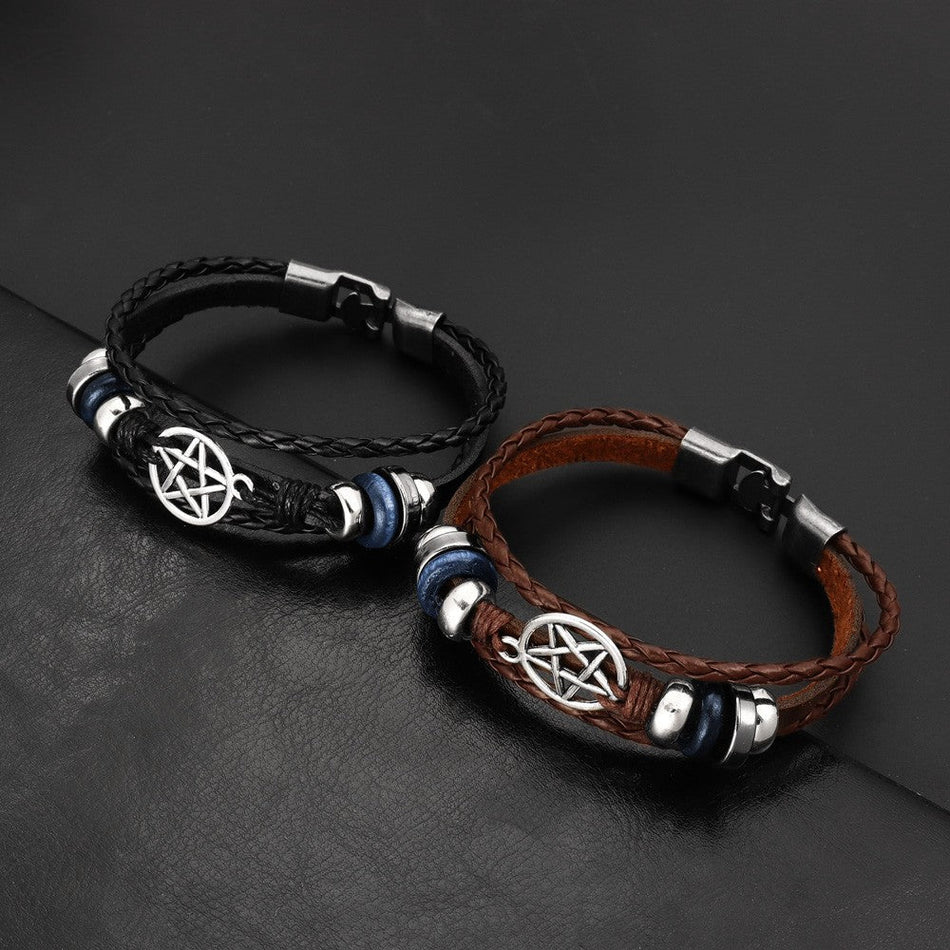 Vintage Six-Pointed Star Woven Leather Charm Bracelet