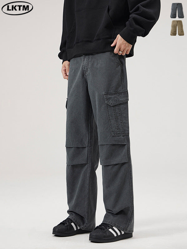 LKTM Retro Washed Multi-Pocket Wide Leg Overalls Pants