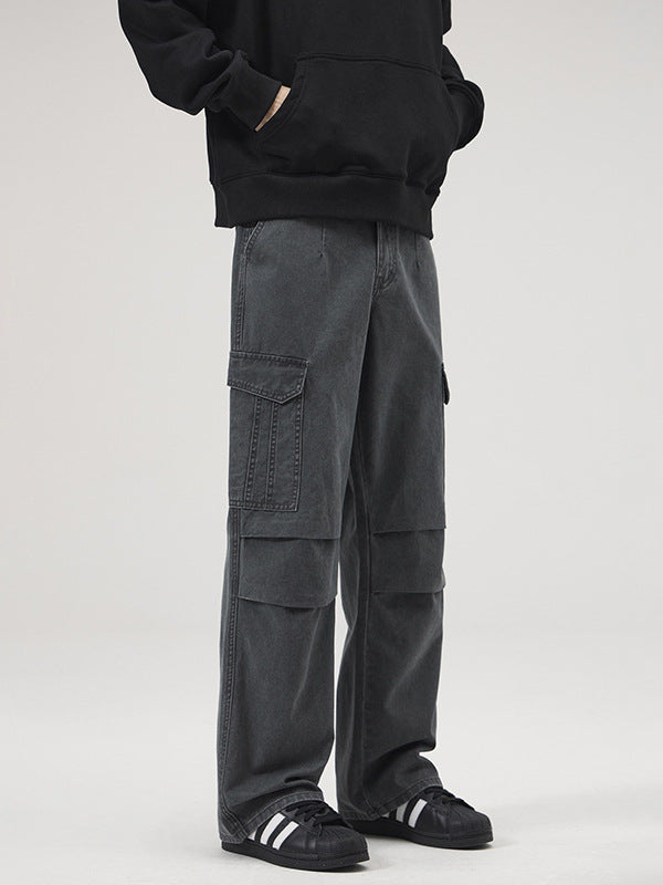 LKTM Retro Washed Multi-Pocket Wide Leg Overalls Pants