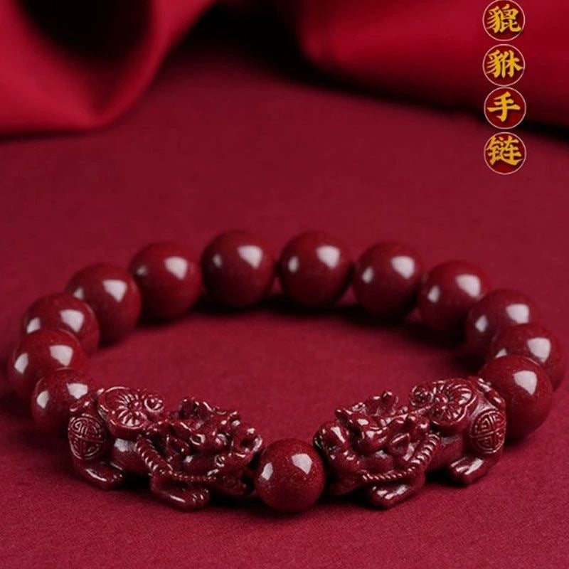 Cinnabar-Inspired Double Pixiu Beaded Bracelet for Men