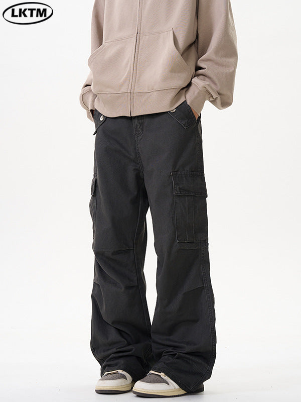 LKTM Men's Retro Washed Wide Leg Straight Cargo Pants
