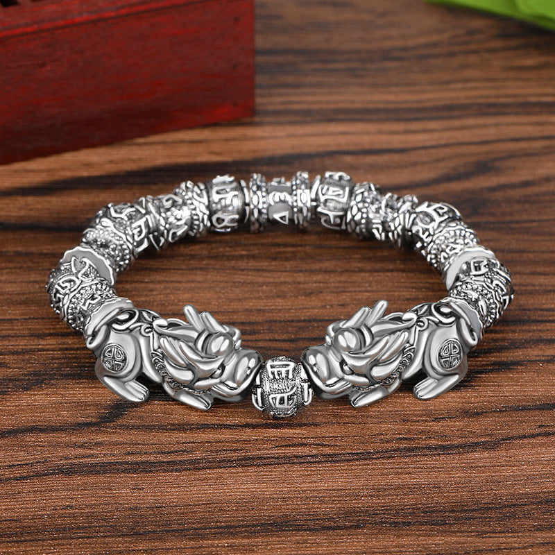 S925-Inspired Silver Bead Obsidian Mantra Bracelet for Men