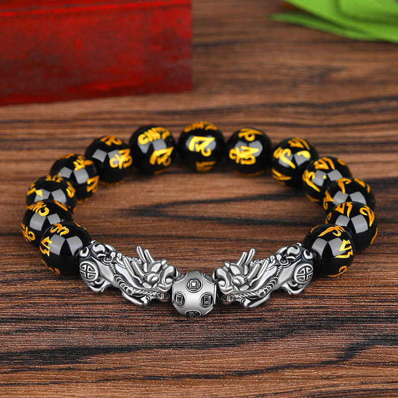 S925-Inspired Silver Bead Obsidian Mantra Bracelet for Men