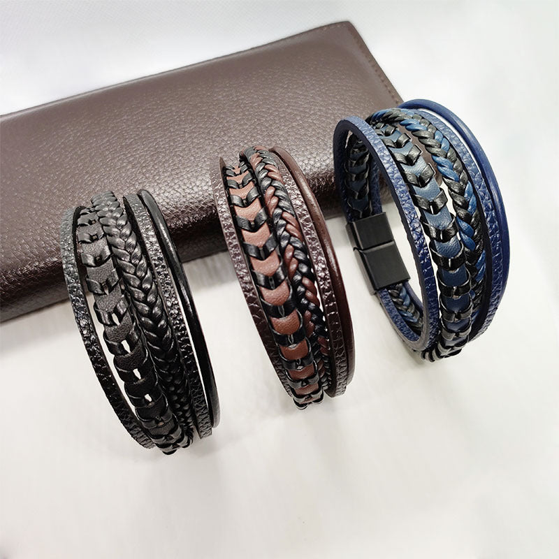 High-Grade Handwoven Leather Bracelet with Alloy Magnetic Buckle